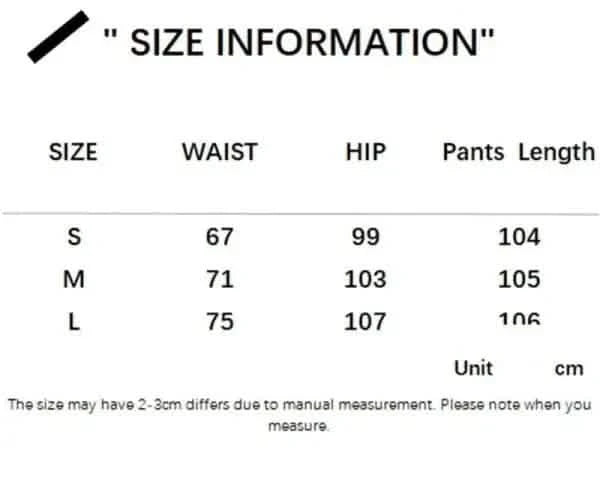 Size chart showing waist, hip, and length measurements for clothing in S, M, and L sizes.