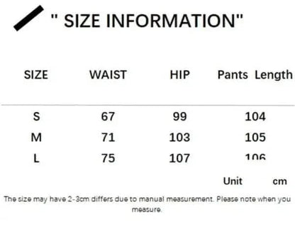 Size chart showing waist, hip, and length measurements for clothing in S, M, and L sizes.