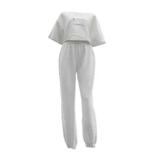 White textured jumpsuit with short sleeves and elastic ankle cuffs.