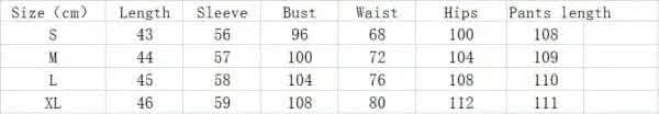 Size chart showing measurements for clothing in centimeters across different dimensions.