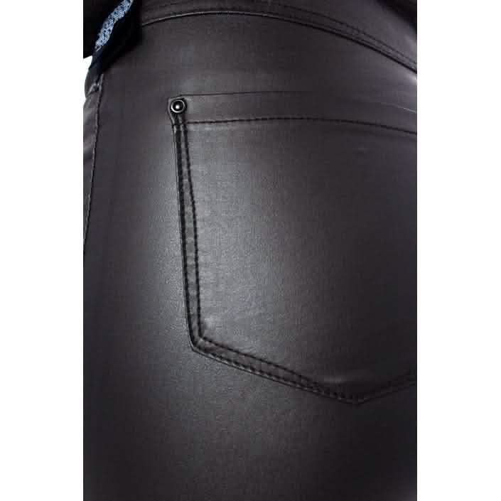 Black leather pants pocket with visible stitching.