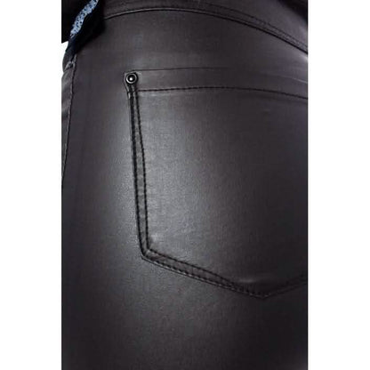 Black leather pants pocket with visible stitching.