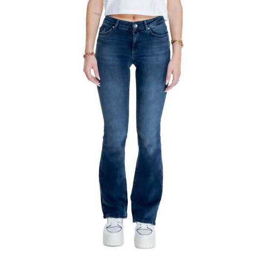 Dark blue flared denim jeans with a faded wash effect.