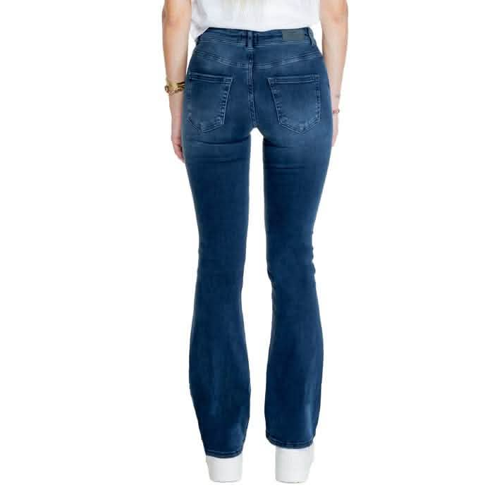 Dark blue flared denim jeans with back pockets.