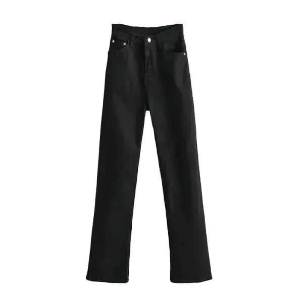 Black straight-leg denim jeans with standard five-pocket styling.