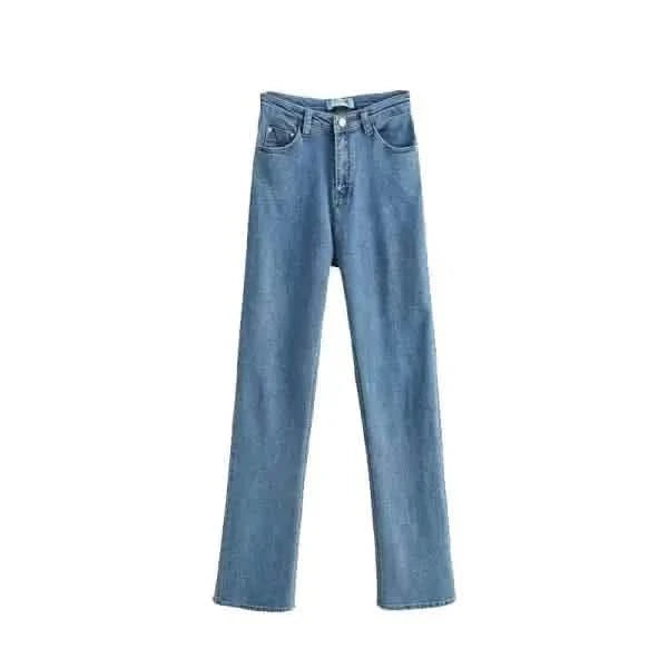 Light blue straight-leg denim jeans with traditional five-pocket styling.