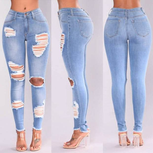 Light blue skinny jeans with distressed rips shown from three different angles.