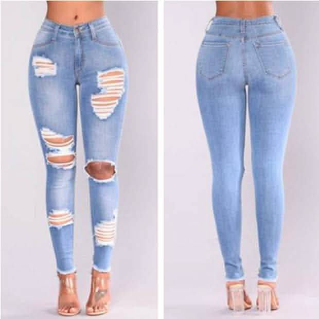 Light blue skinny jeans shown from front and back views, with one pair featuring distressed rips.