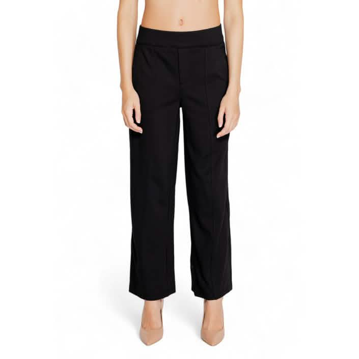 Black wide-leg dress pants with a straight cut.