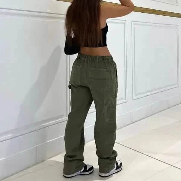 Olive green cargo pants with multiple pockets and an elastic waistband.