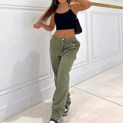 Olive green cargo pants with a relaxed fit.