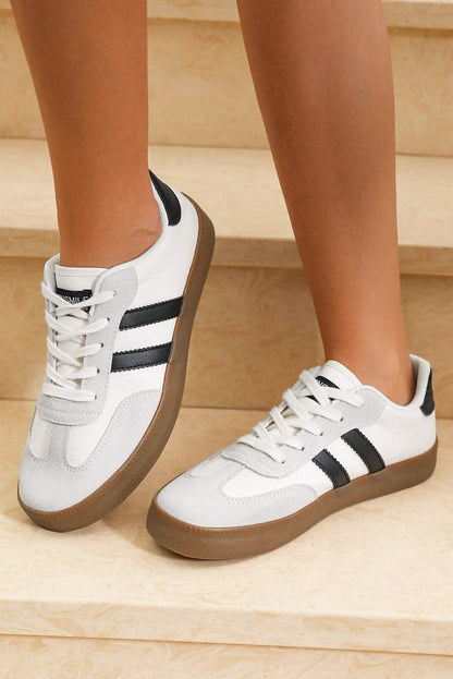 White Striped Lace-up Flat Sneakers for Stylish Everyday Wear