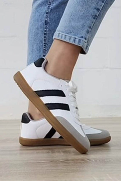 White Striped Lace-up Flat Sneakers for Stylish Everyday Wear