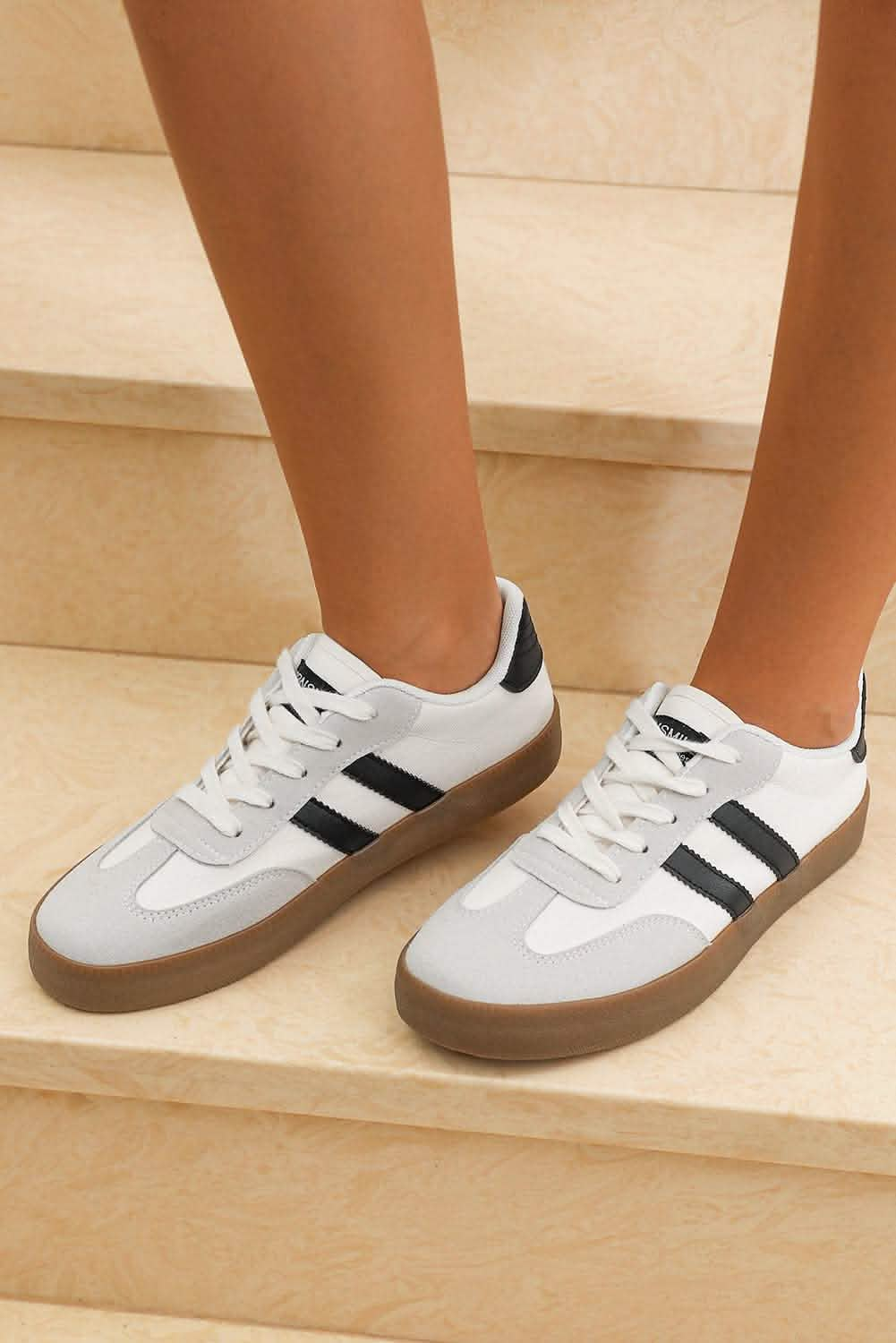 White Striped Lace-up Flat Sneakers for Stylish Everyday Wear