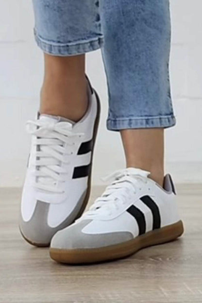 White Striped Lace-up Flat Sneakers for Stylish Everyday Wear