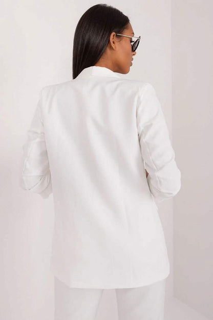 Crisp white blazer with long sleeves shown from the back view.