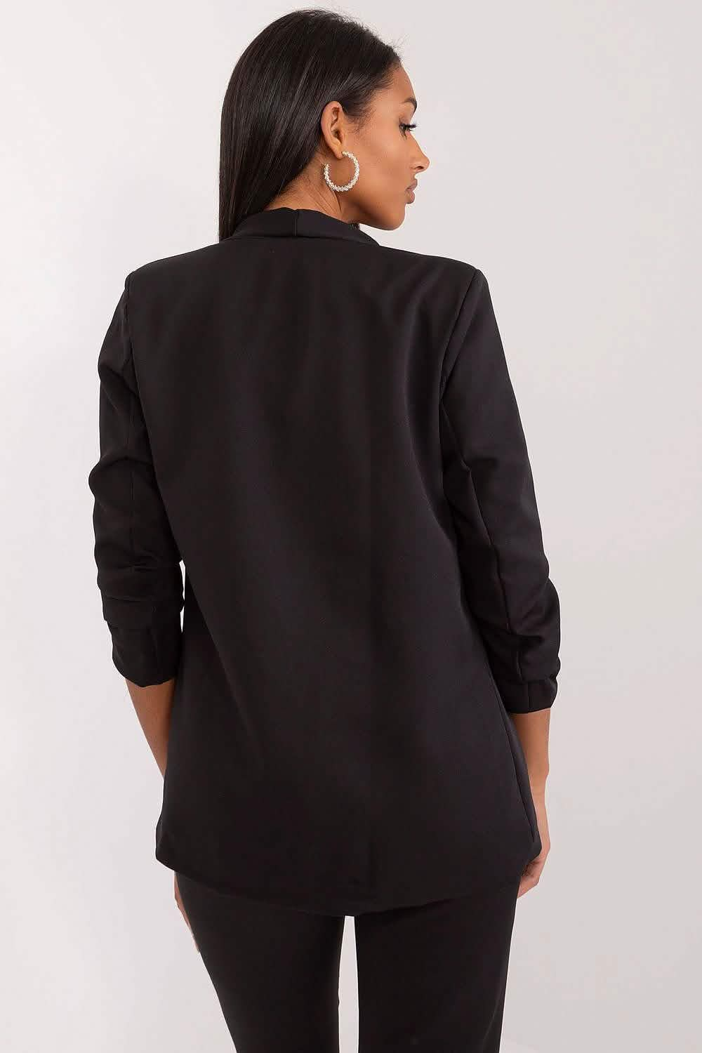 Black blazer with ruched 3/4 length sleeves shown from the back view.