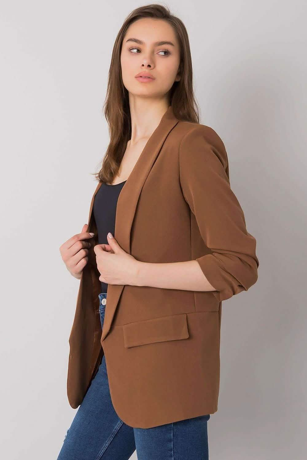 Brown blazer with notched lapels and front pockets.