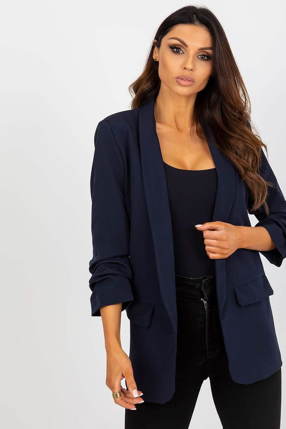 Navy blue blazer with ruched sleeves and lapels.