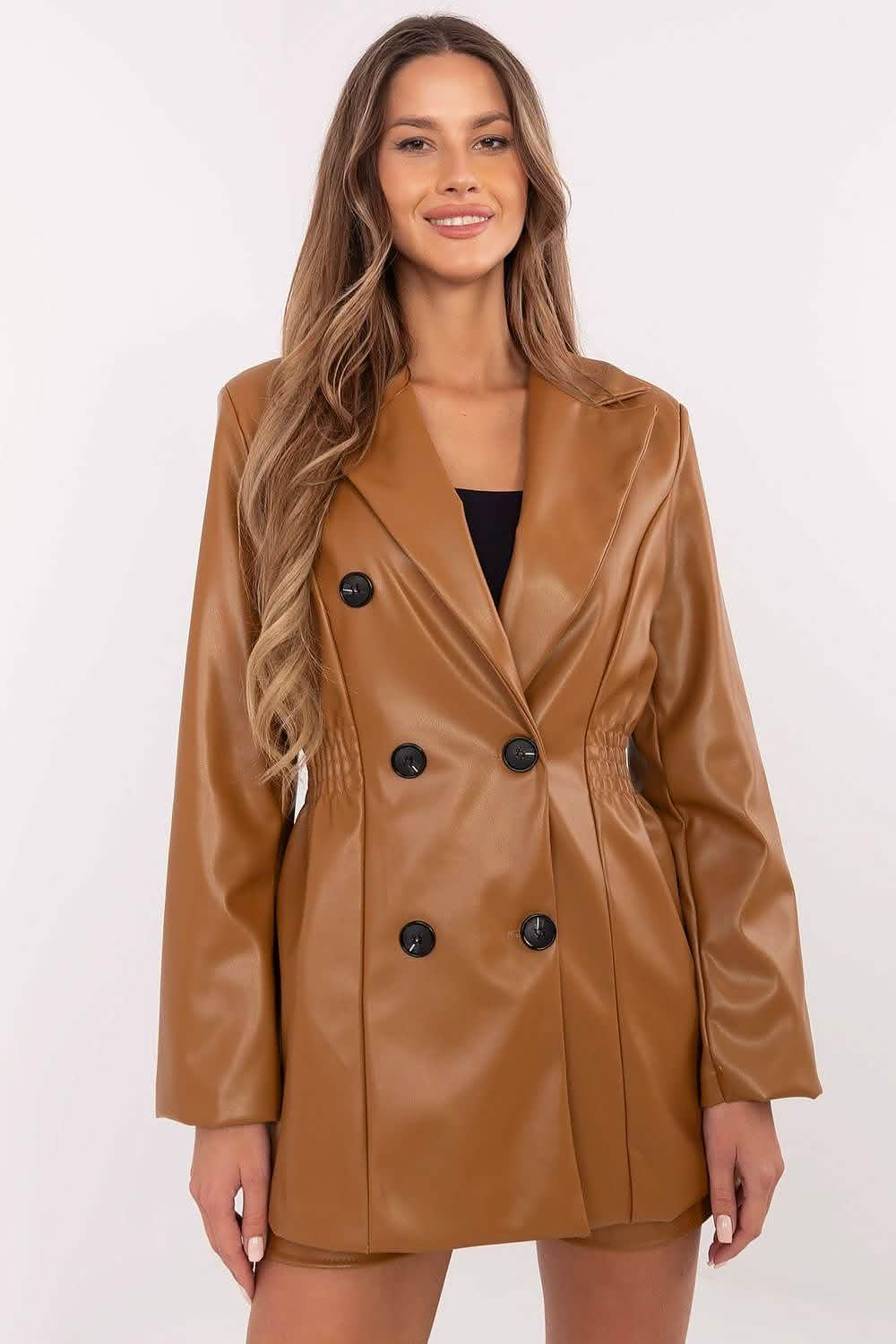 Tan faux leather double-breasted blazer with black buttons.