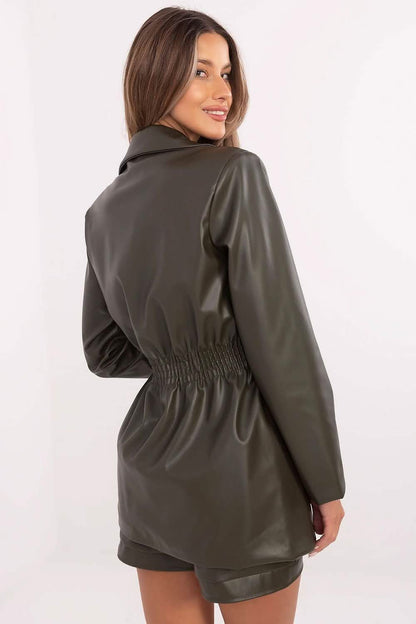 Dark gray leather-look jacket with gathered waist detailing and long sleeves.