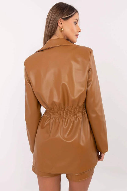 Brown leather jacket with gathered waist detailing and blazer-style collar.