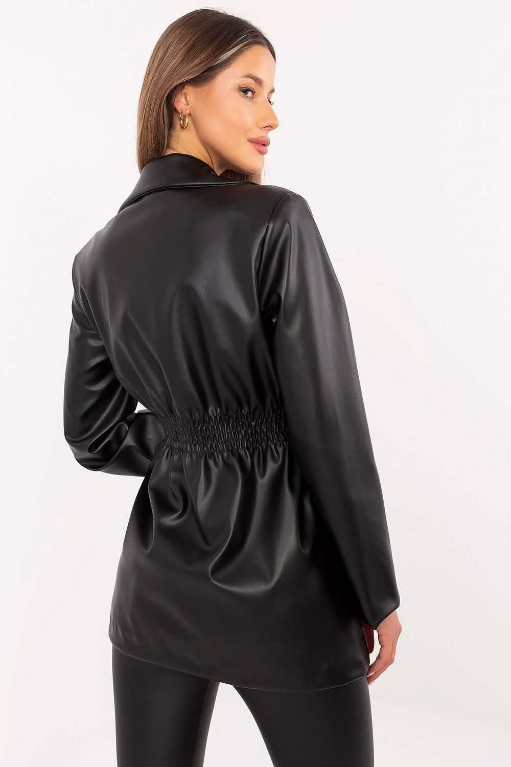 Black faux leather jacket with gathered elastic waist detailing and long sleeves.