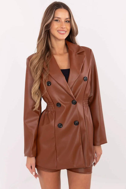 Brown leather double-breasted blazer with black buttons.