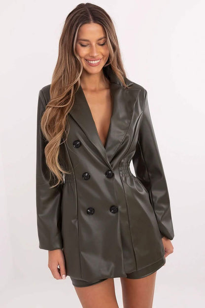 Double-breasted black leather blazer dress with long sleeves and button details.