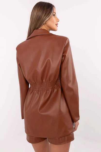 Brown faux leather blazer with cinched waist detailing.