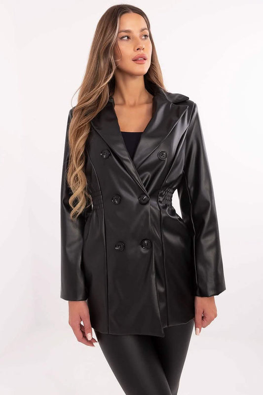 Double-breasted black leather blazer with long sleeves and lapels.