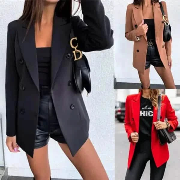 Stylish blazers shown in black, tan, and red colors.