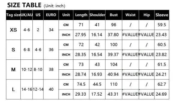 Size chart showing measurements for clothing in US, Euro sizes and both inches/centimeters.