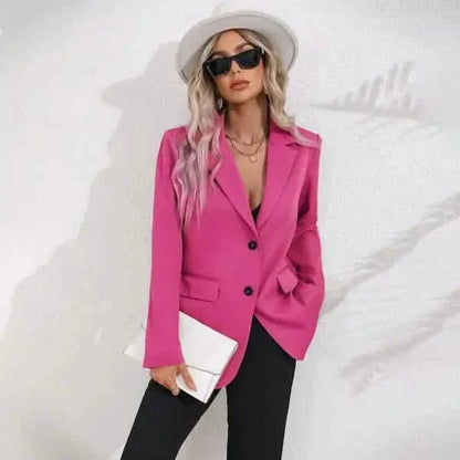 Hot pink tailored blazer with black buttons and front pockets.