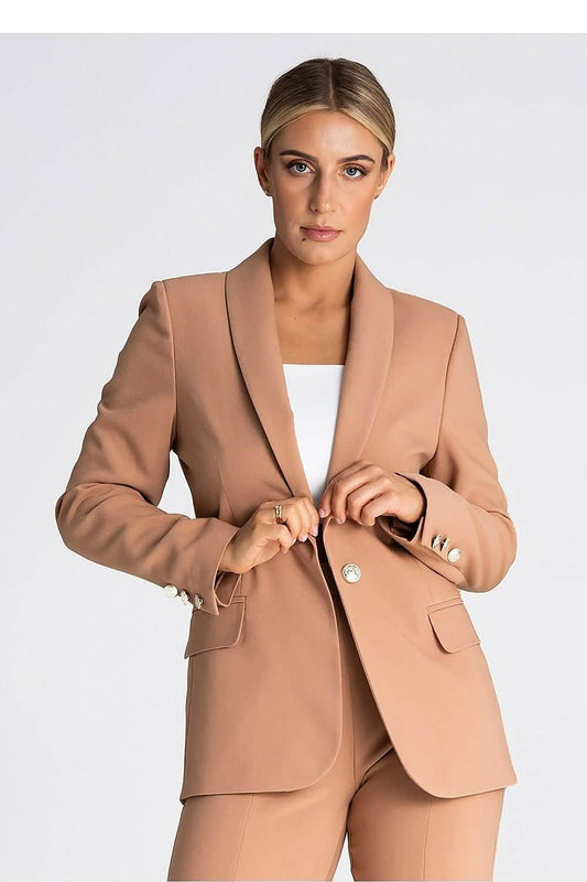 Camel-colored tailored blazer with a white top underneath.