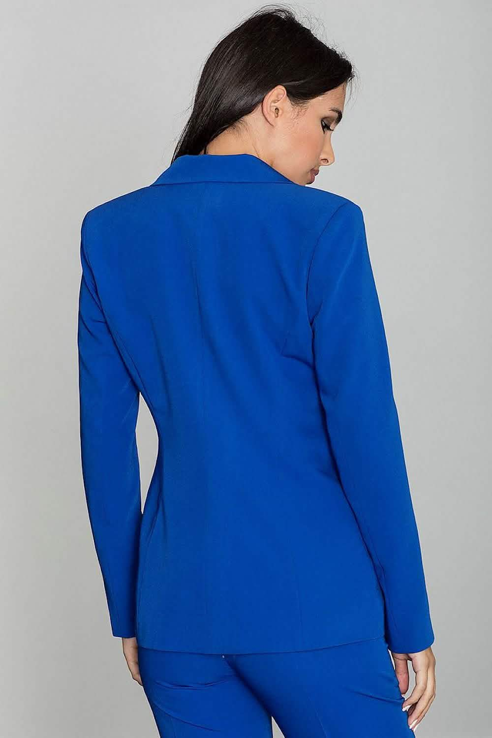 Royal blue tailored blazer with long sleeves shown from the back view.