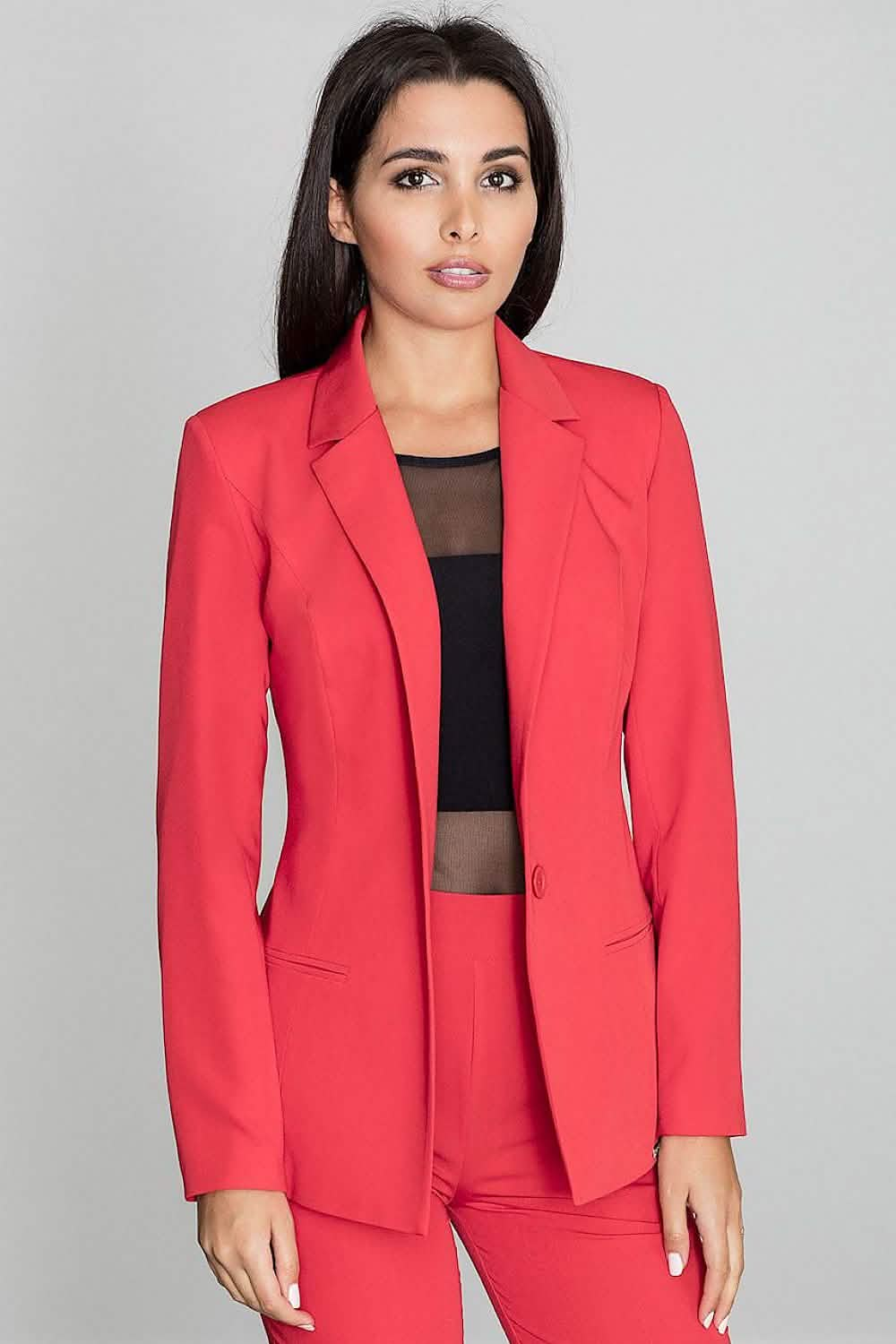 Bright red blazer with a black mesh insert underneath.