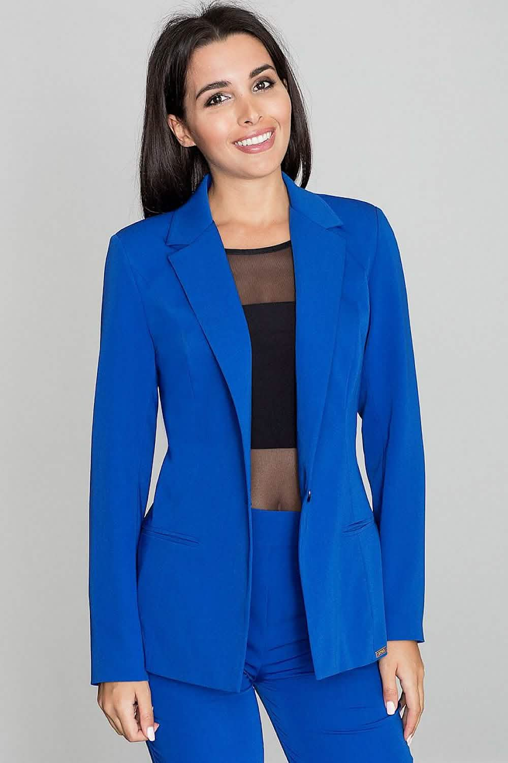 Bright royal blue fitted blazer with notched lapels and long sleeves.