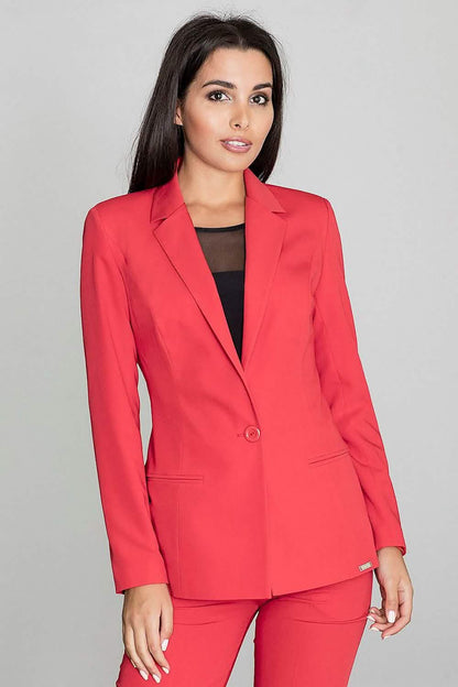 Bright red single-button blazer with notched lapels.