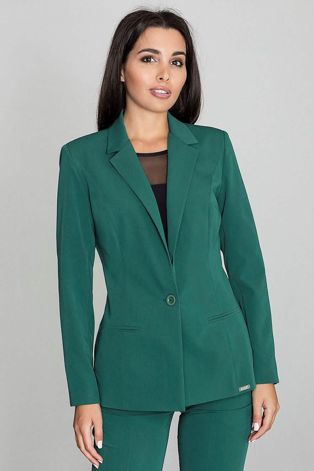 Emerald green single-button blazer with notched lapels.