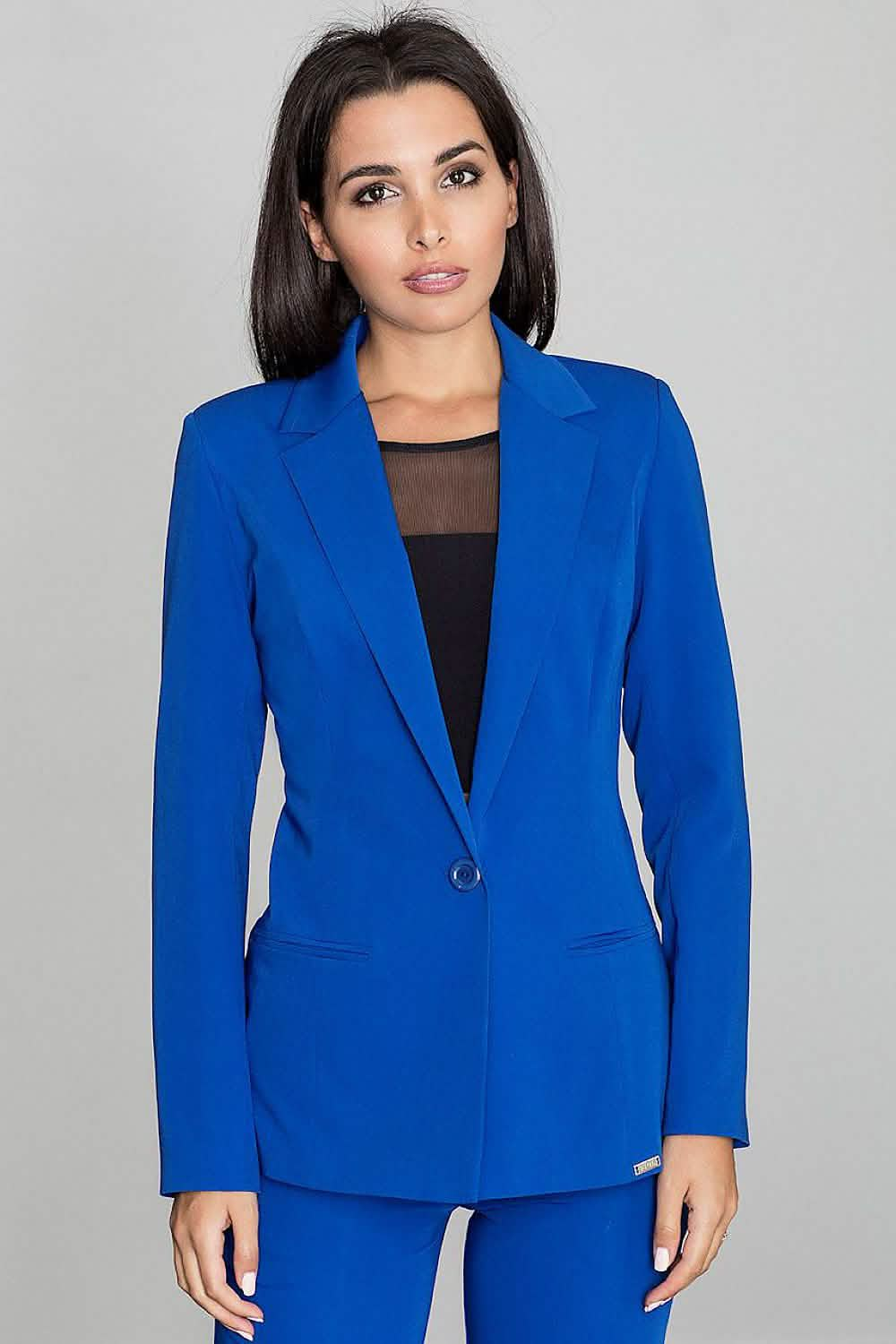 Vibrant royal blue blazer with a single button closure and notched lapels.