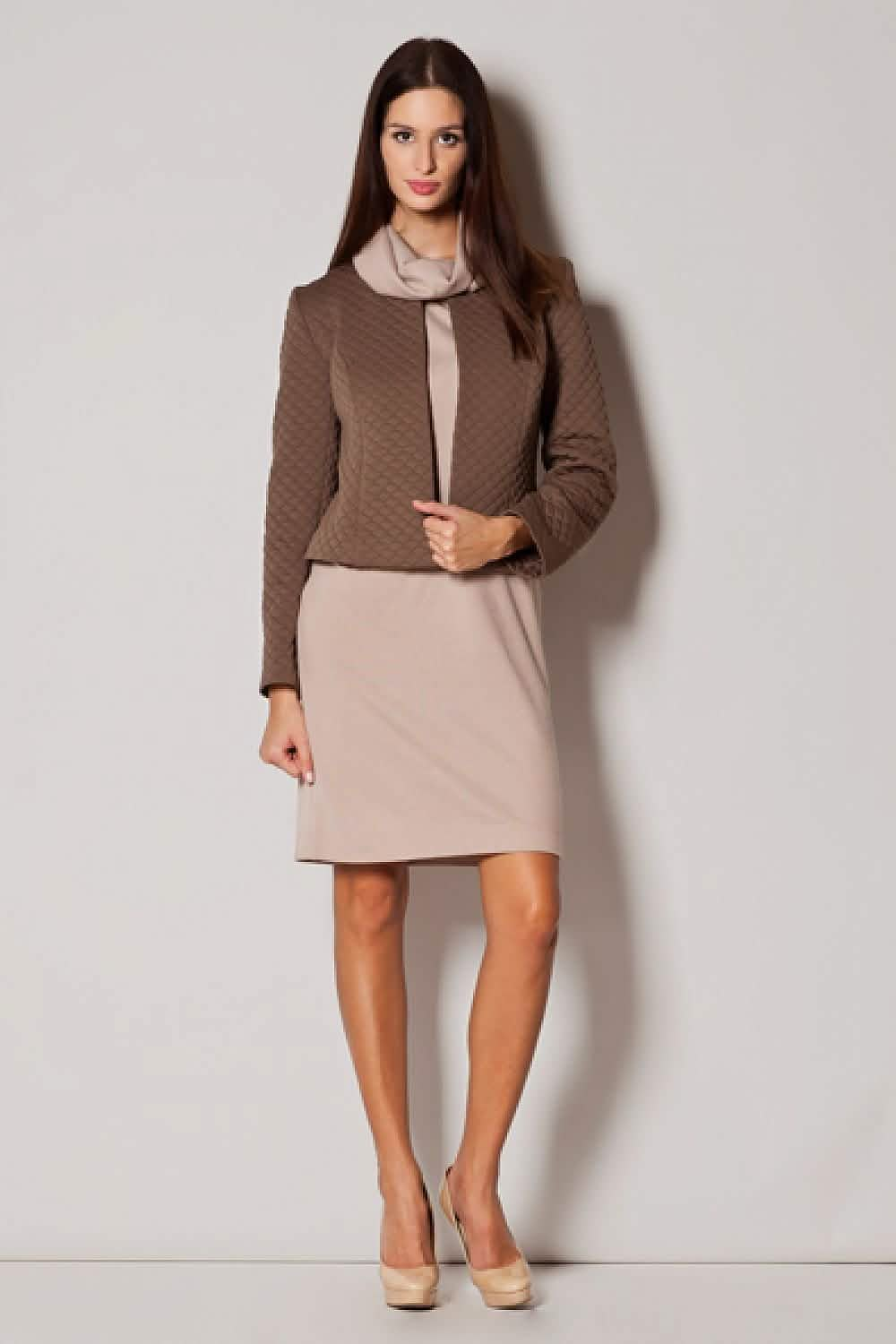 Professional business outfit featuring a brown cropped jacket paired with a beige knee-length dress.