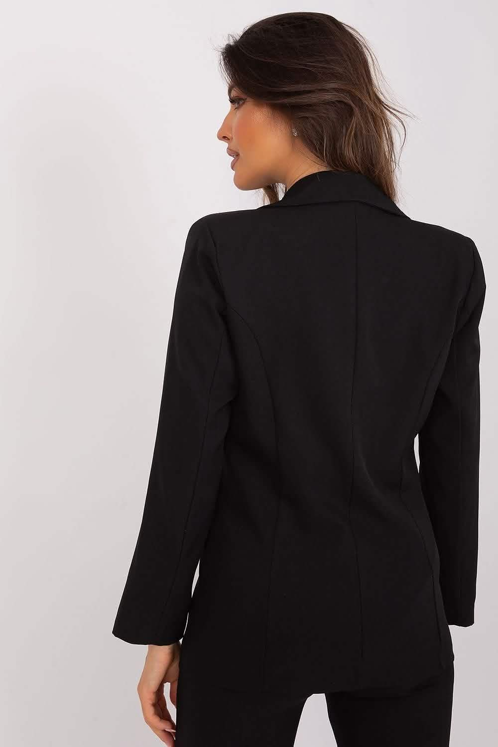 Classic black blazer with a tailored fit and long sleeves.