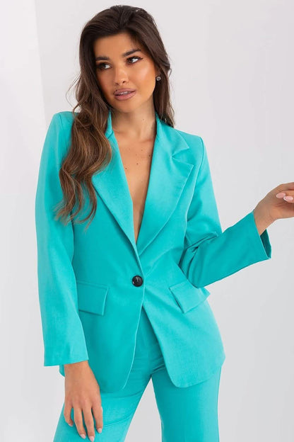 Bright turquoise single-button blazer with notched lapels and front pockets.