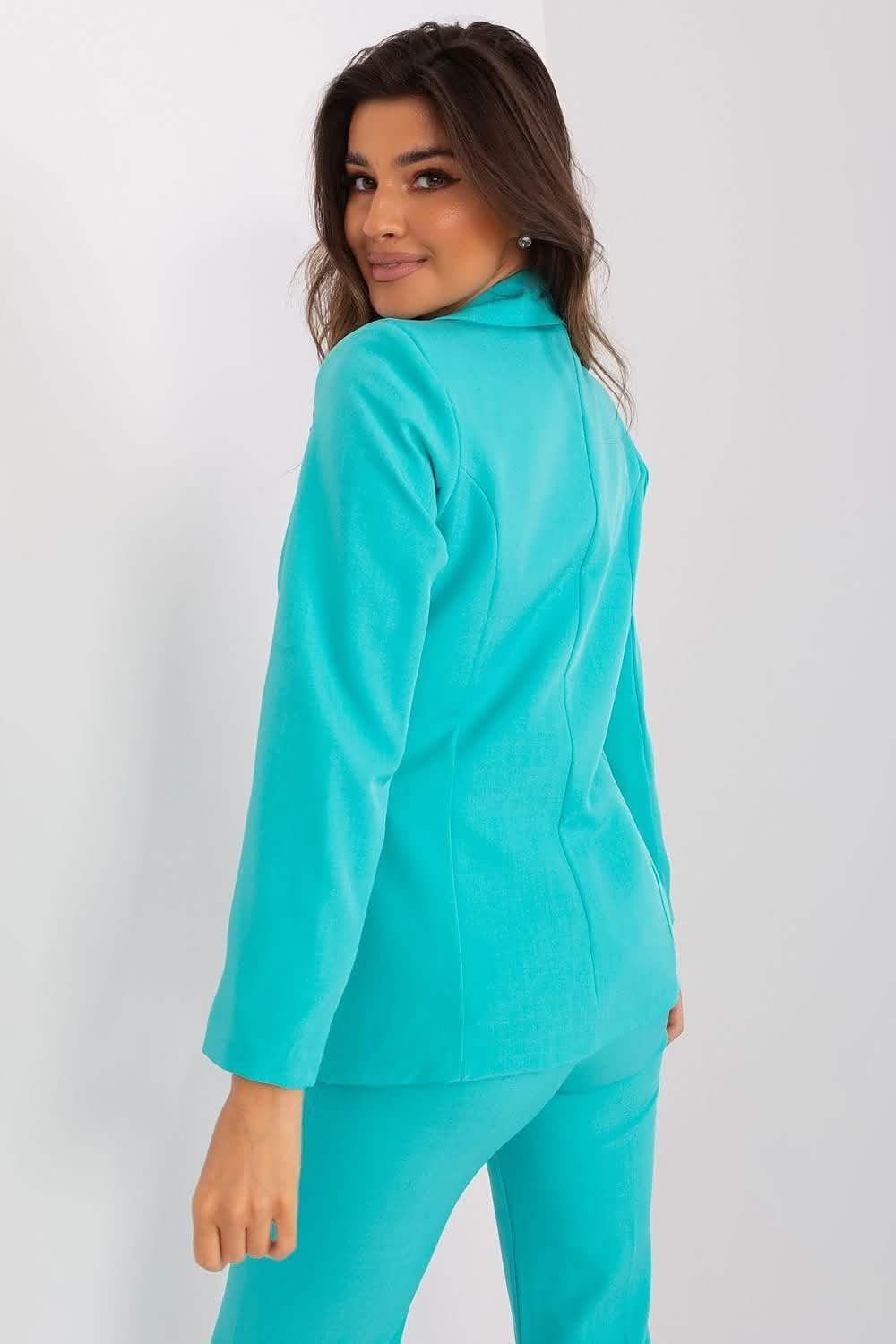 Bright turquoise blazer with long sleeves shown from a back view.