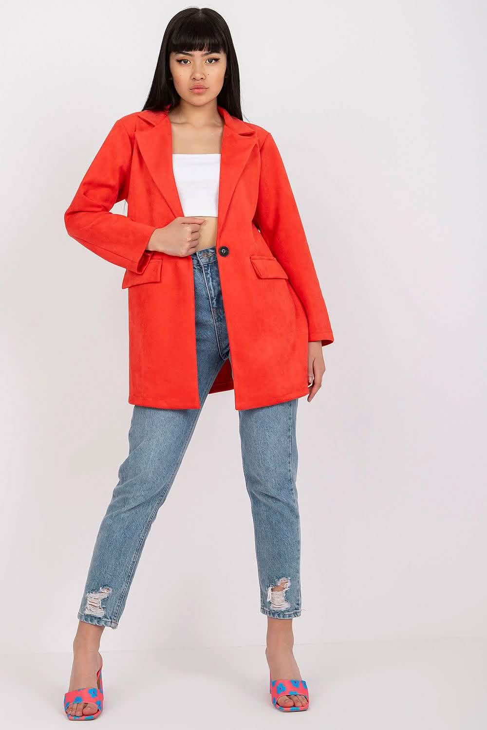 Bright red wool-blend blazer coat with notched lapels and front pockets.