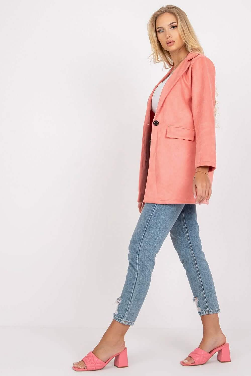 Coral pink blazer with a single button and flap pockets.