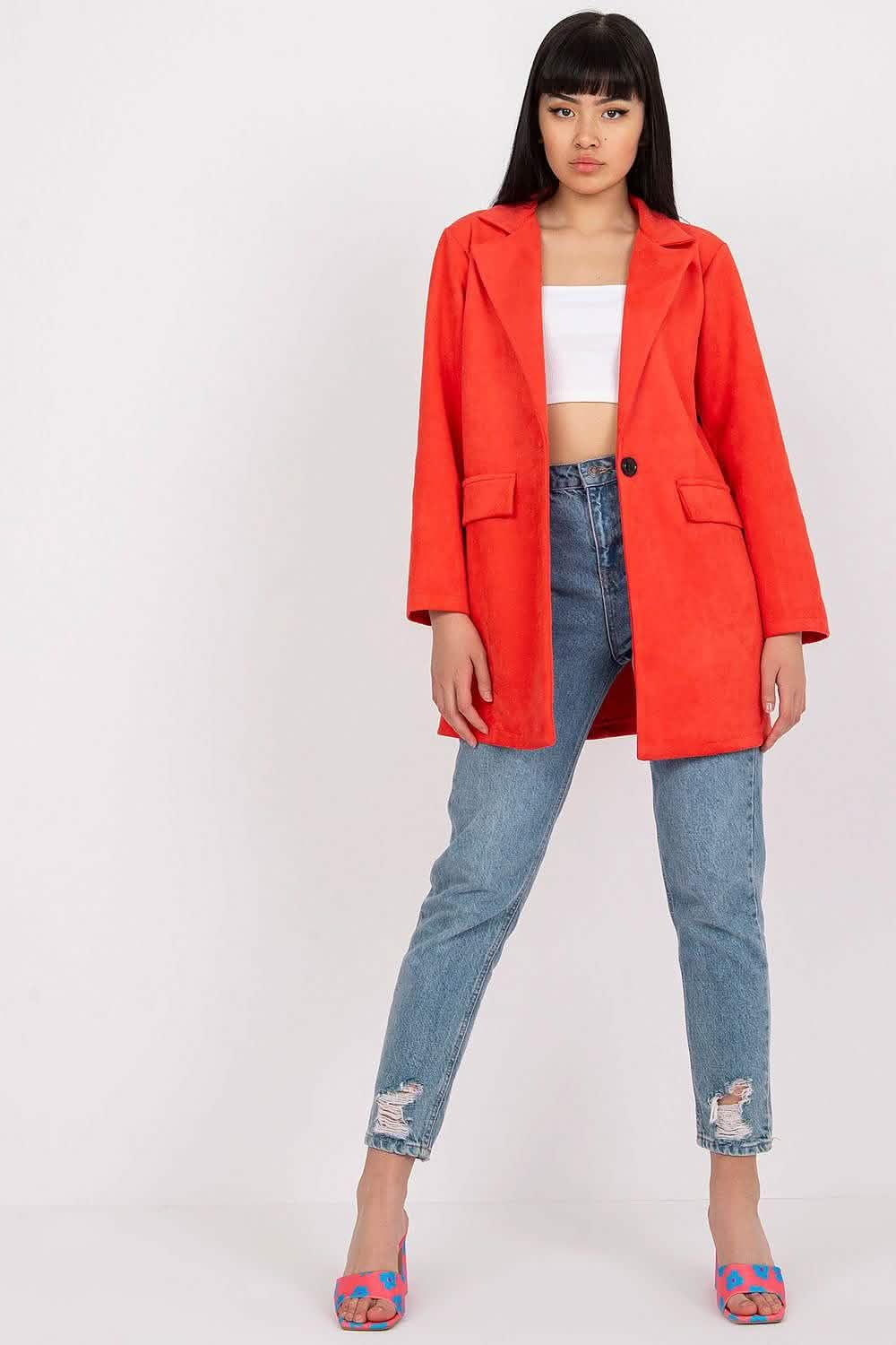 Bright red blazer with notched lapels and front pockets.