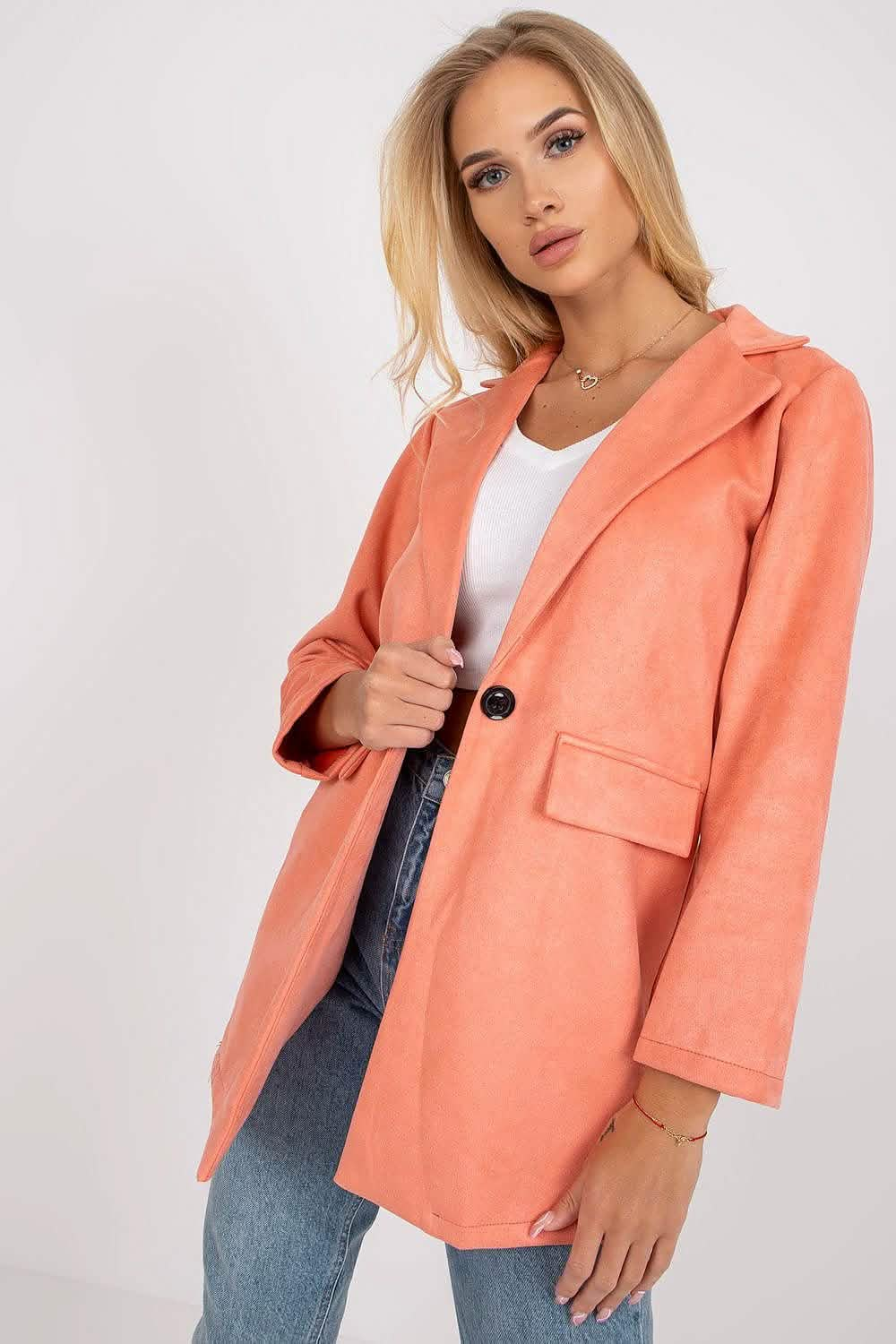 Coral-colored blazer with a single button and notched lapels.