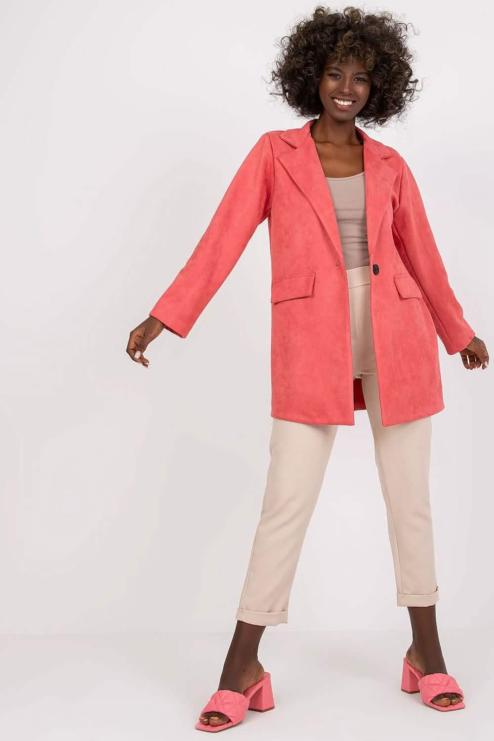 Coral-colored blazer coat with notched lapels and front pockets.